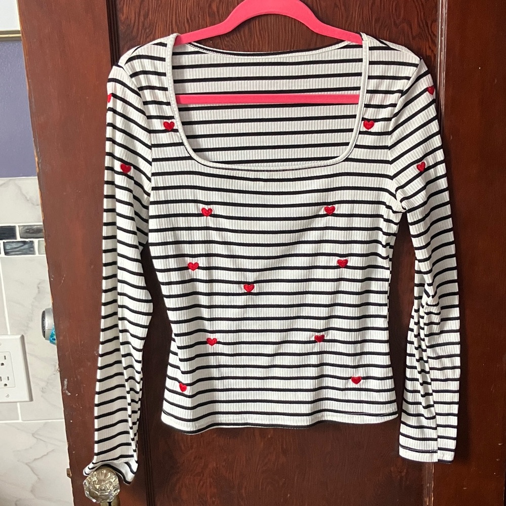 RED HEARTS LONG SLEEVE STRIPED WOMENS TOP TEACHER CORE VALENTINES